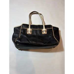 Coach Black Leather Tote Bag Tan Trim Shoulder Bag Classic Workwear Carry flaw